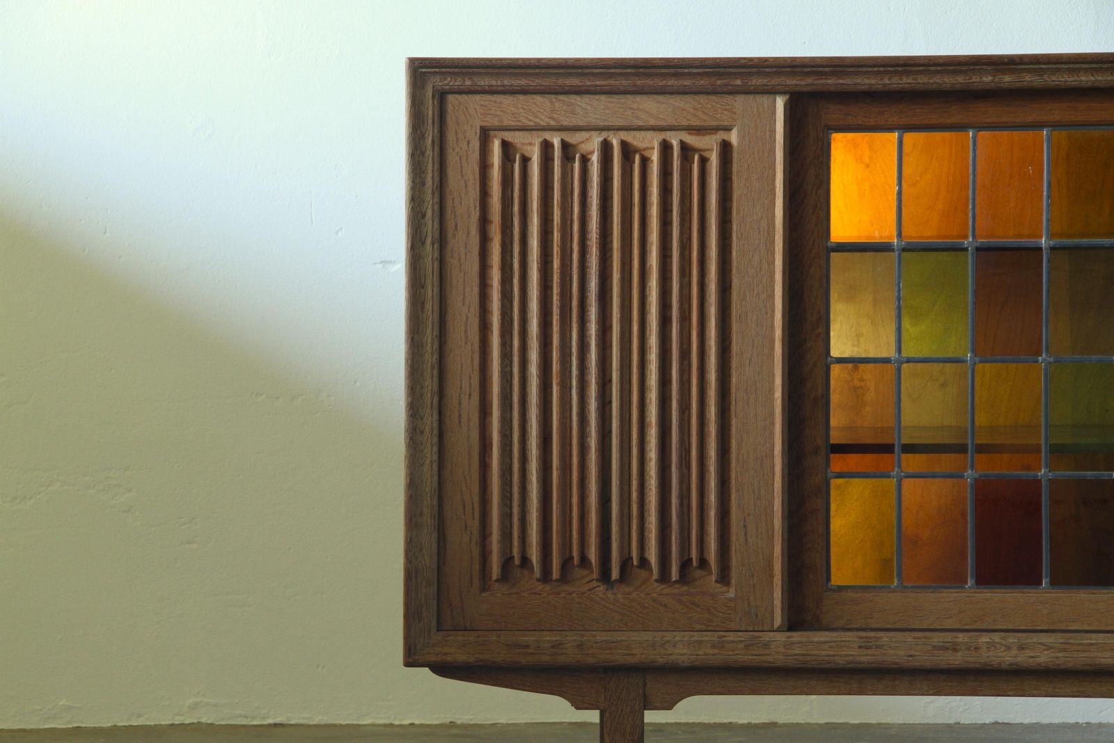 Vintage Oak Cabinet, Stained Glass Display Denmark 1960s Henning Kjærnulf photo vinterior