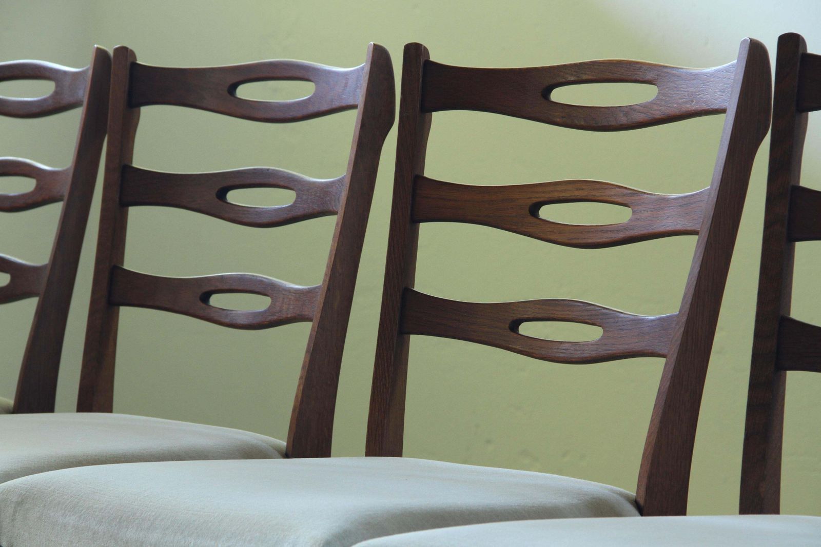 Set Of Six Brutalist Dark Oak Chairs In Light Upholstery, Denmark 1960s photo for sale