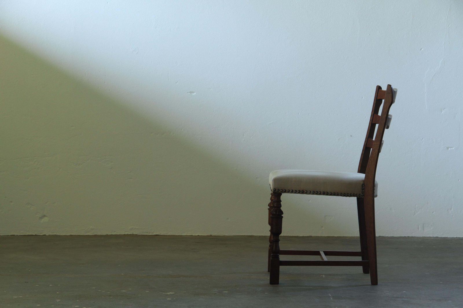 Set Of Six Brutalist Dark Oak Chairs In Light Upholstery, Denmark 1960s photo buy
