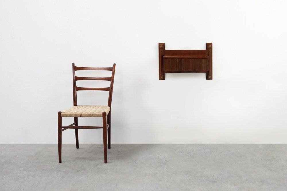 Mid Century Wall Mounted Console In Wood With Brass Details, Italy, 1960s photo Furniture