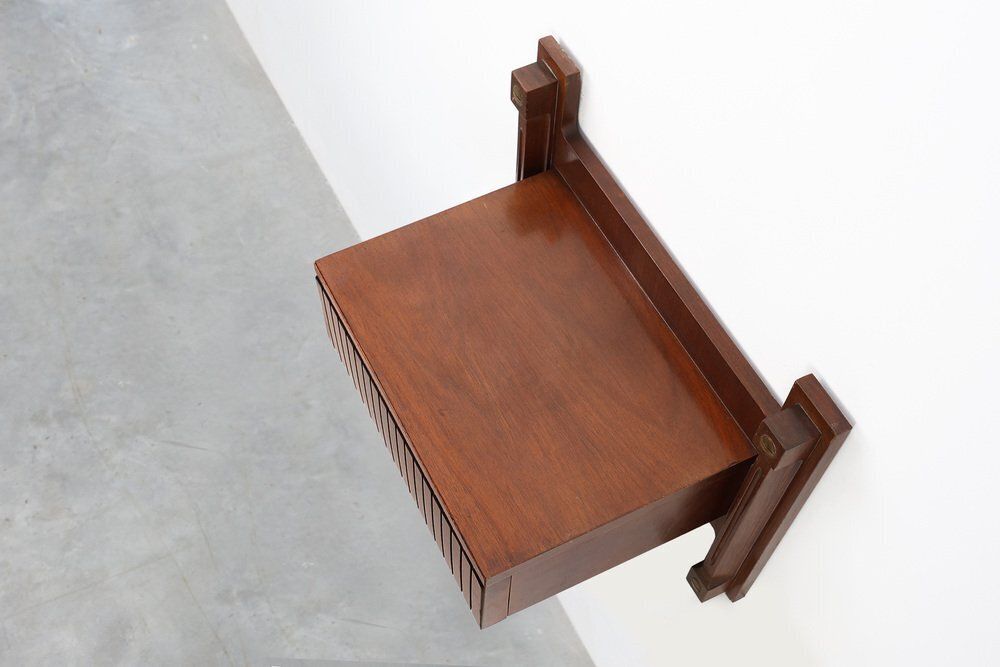 Mid Century Wall Mounted Console In Wood With Brass Details, Italy, 1960s photo buy