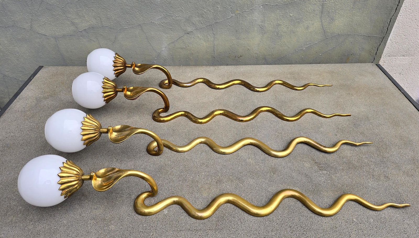 Pair Of Brass Cobra Snake Wall Lights With Opaline Glass Shades, 1970s photo furniture