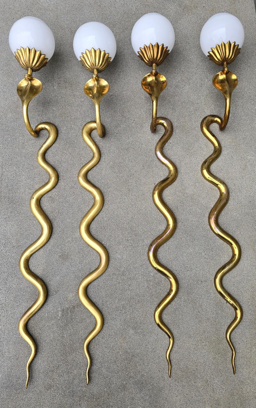 Pair Of Brass Cobra Snake Wall Lights With Opaline Glass Shades, 1970s photo buy