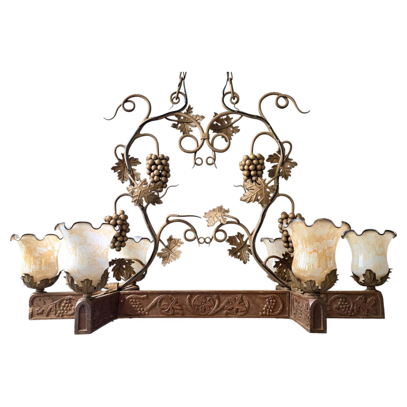 Early 20th Century Art Nouveau Grapevine Chandelier In Carved Wood, Metal, Glass