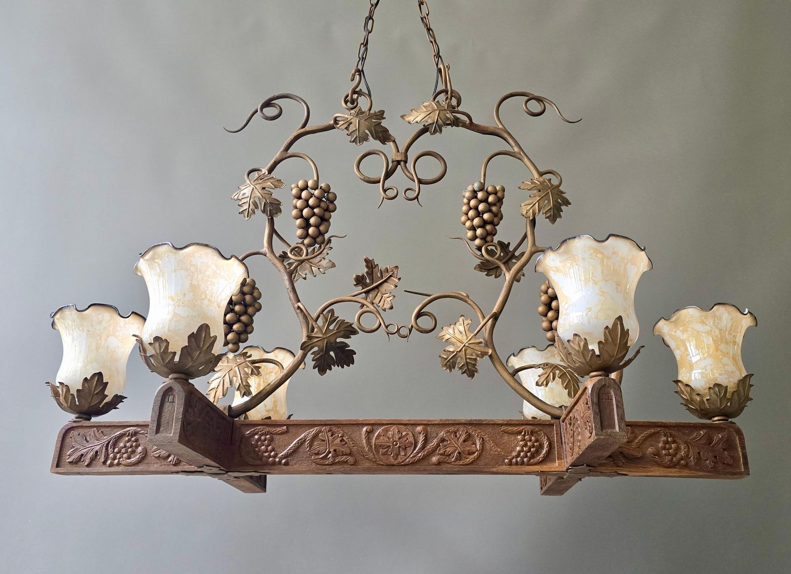 Early 20th Century Art Nouveau Grapevine Chandelier In Carved Wood, Metal, Glass photo vinterior