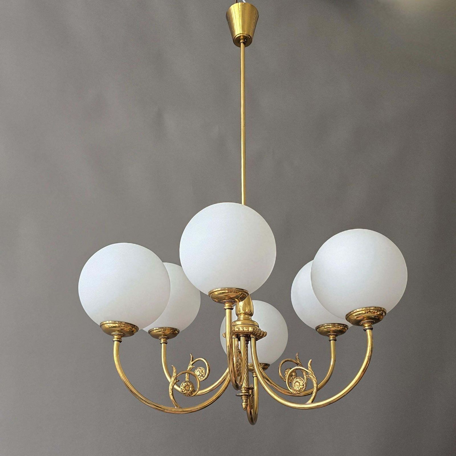Mid Century Brass Chandelier With Six Opaline Glass Globes photo furniture