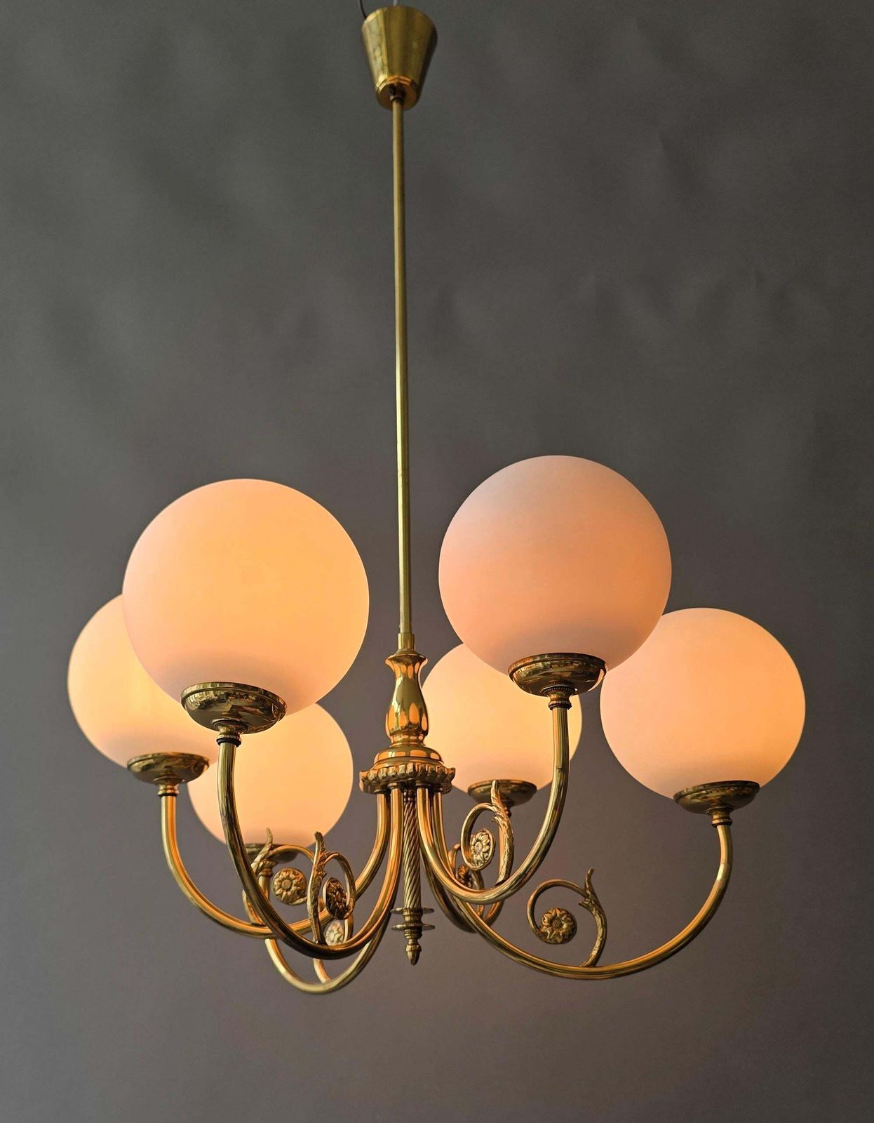 Mid Century Brass Chandelier With Six Opaline Glass Globes photo for sale