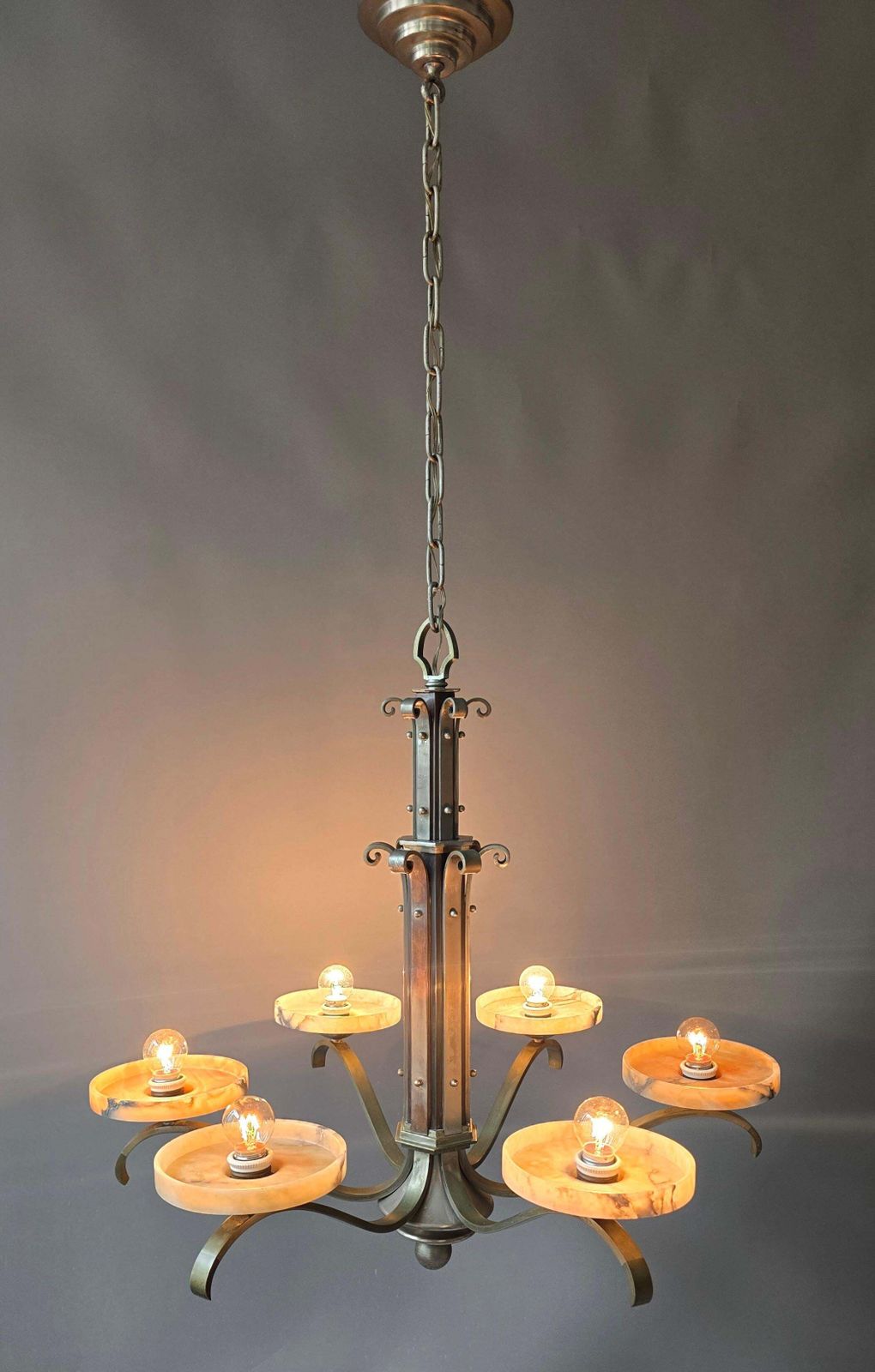 Art Deco Alabaster Chandelier, French 6 Light Iron Fixture, 29” Diameter, 1930s photo 3444.0