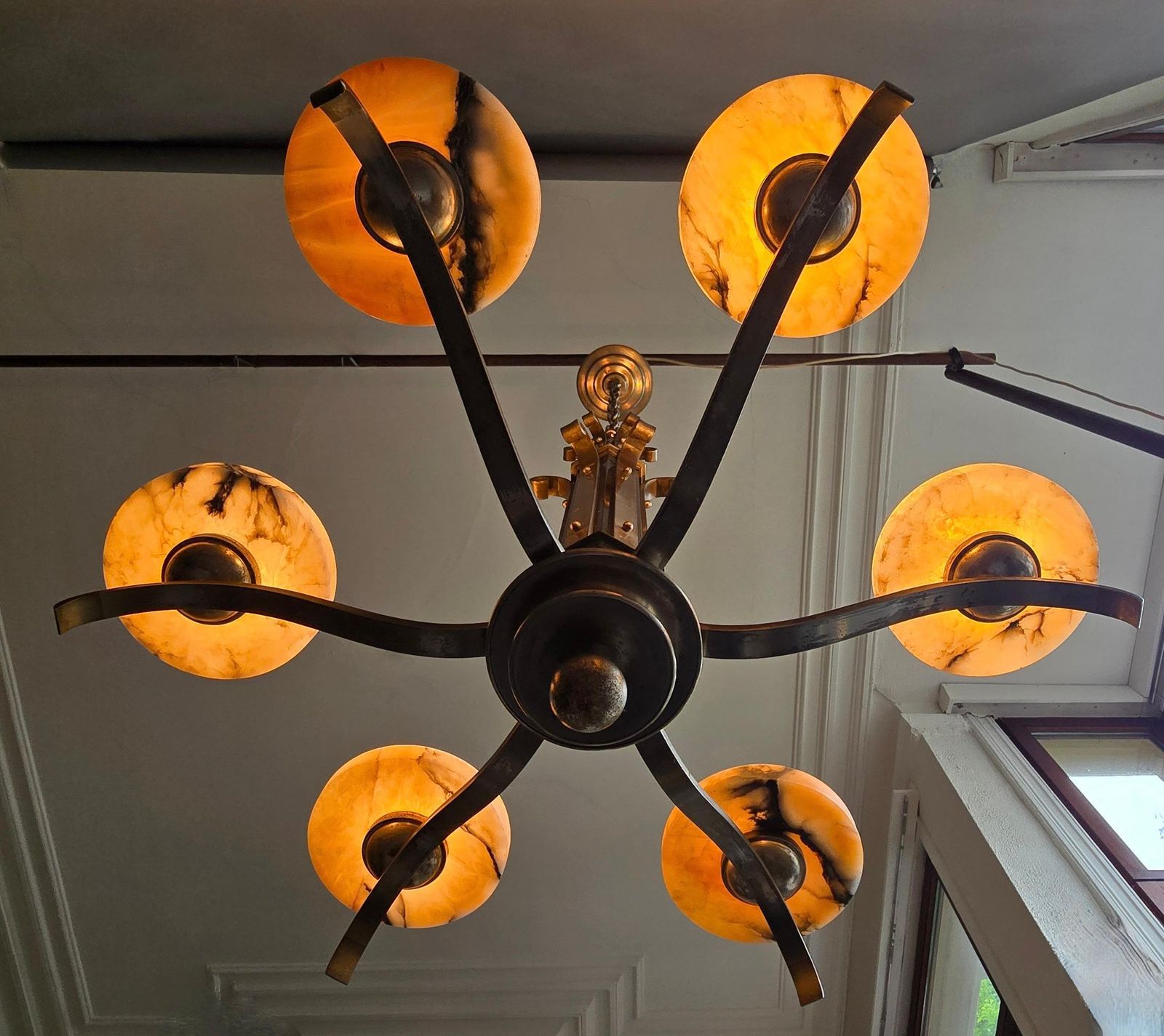 Art Deco Alabaster Chandelier, French 6 Light Iron Fixture, 29” Diameter, 1930s photo buy