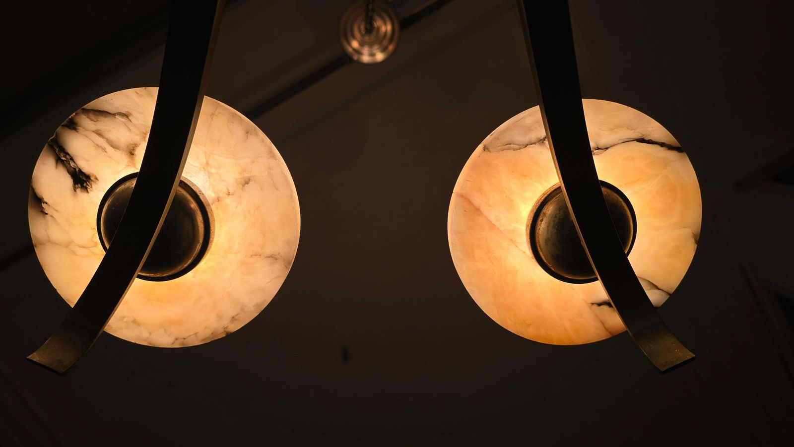 Lighting Art Deco Alabaster Chandelier, French 6 Light Iron Fixture, 29” Diameter, 1930s photo