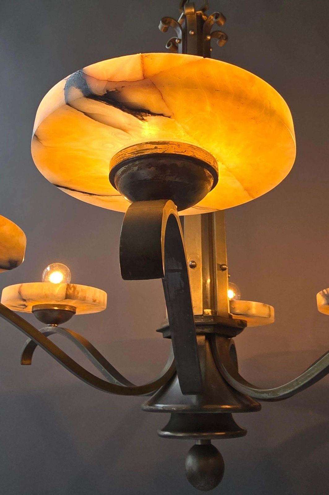 3444.0 Art Deco Alabaster Chandelier, French 6 Light Iron Fixture, 29” Diameter, 1930s photo