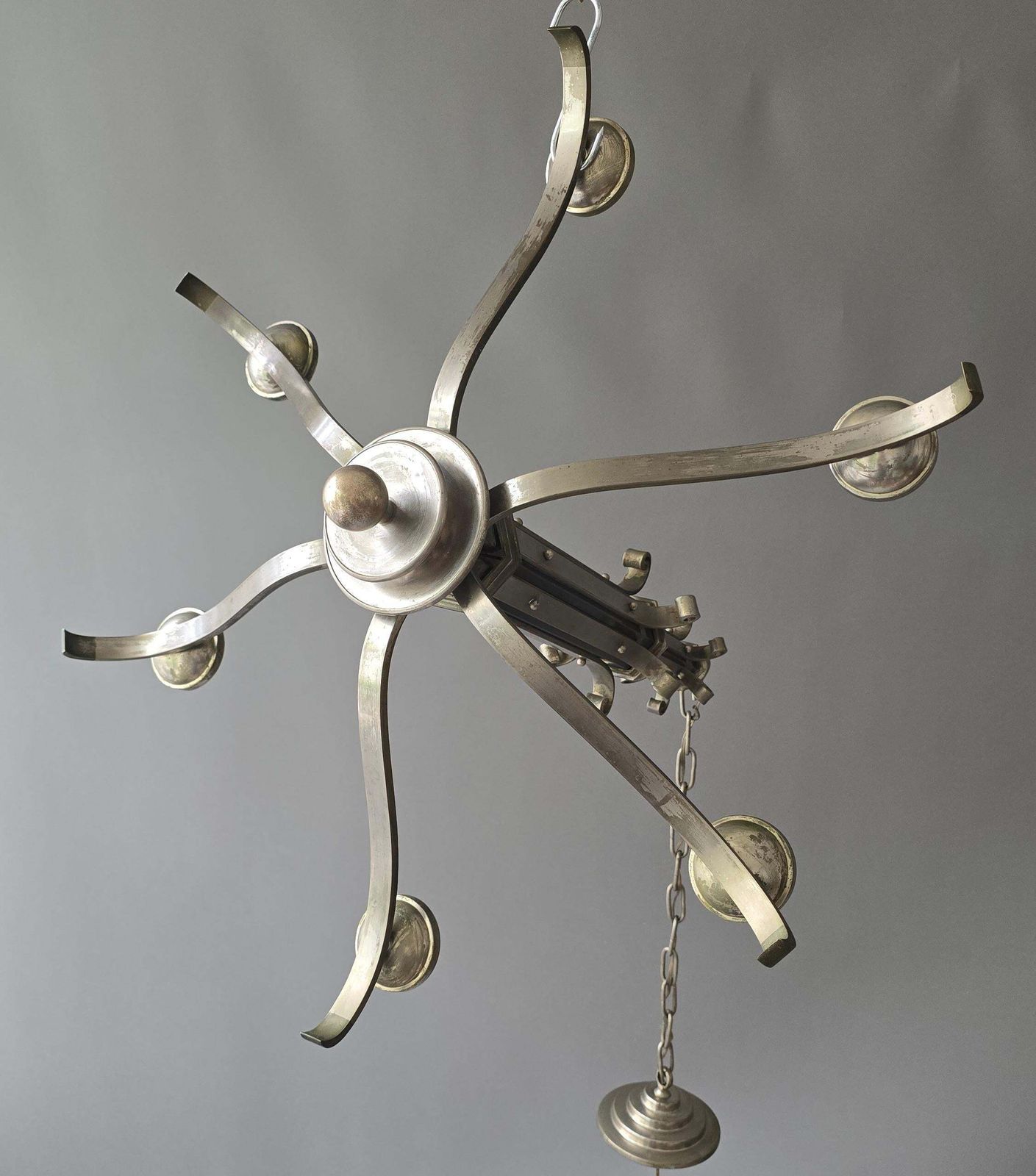 photo vintage Art Deco Alabaster Chandelier, French 6 Light Iron Fixture, 29” Diameter, 1930s