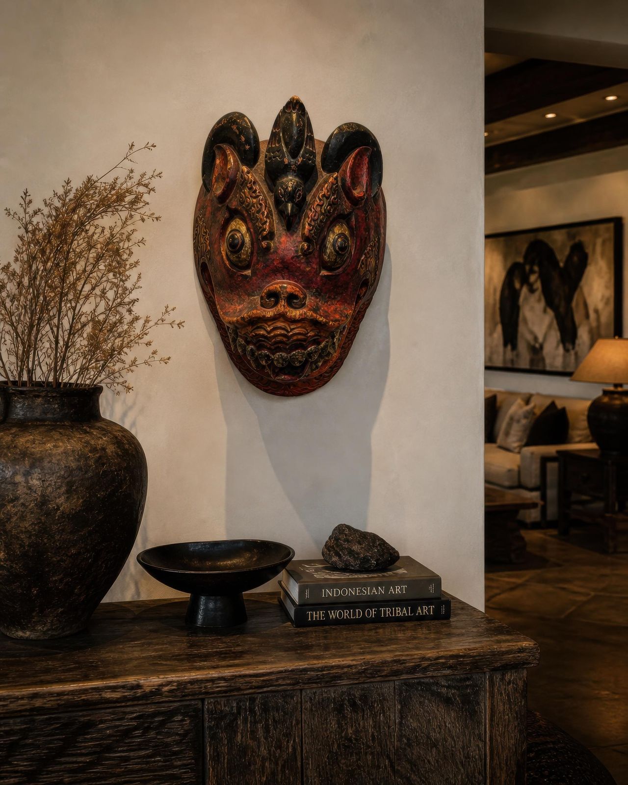 Large Sculptural Indonesian Carved Wood Mask, Polychrome Guardian Figure photo vinterior