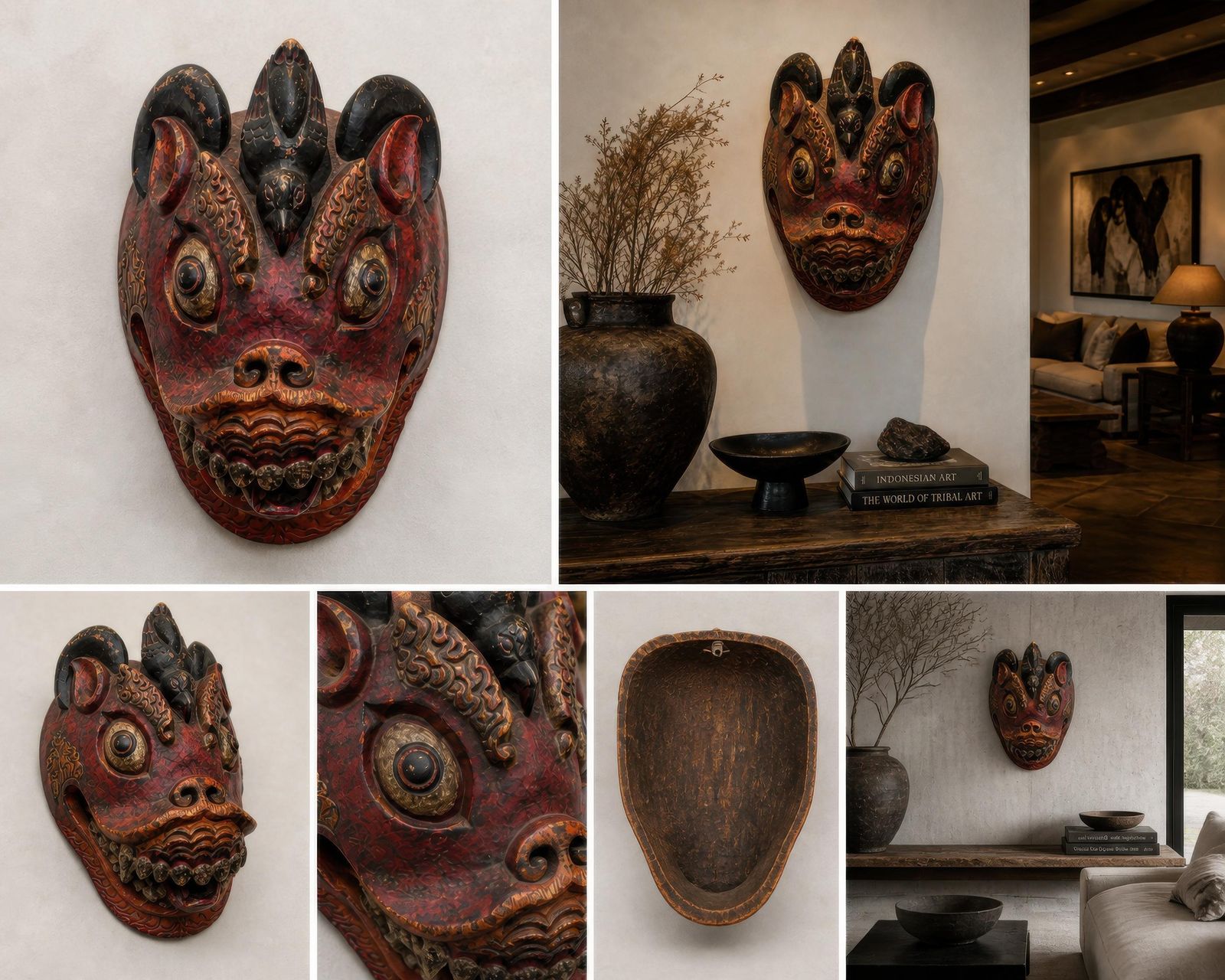 Art Large Sculptural Indonesian Carved Wood Mask, Polychrome Guardian Figure photo