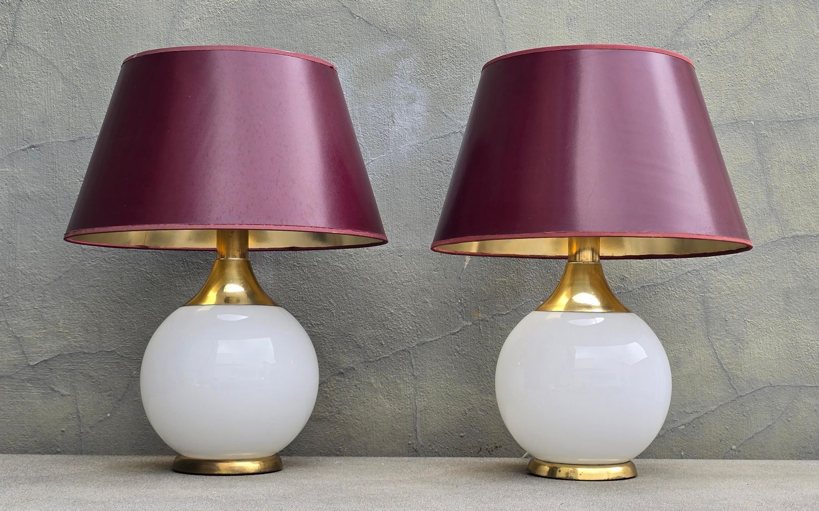 Lighting Set Of 6 Vintage Opaline Glass And Brass Table Lamps, Circa 1970 photo