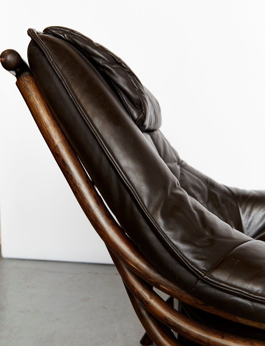 photo for sale Set Of Bamboo And Leather Lounge Chair And Ottoman, 1970s