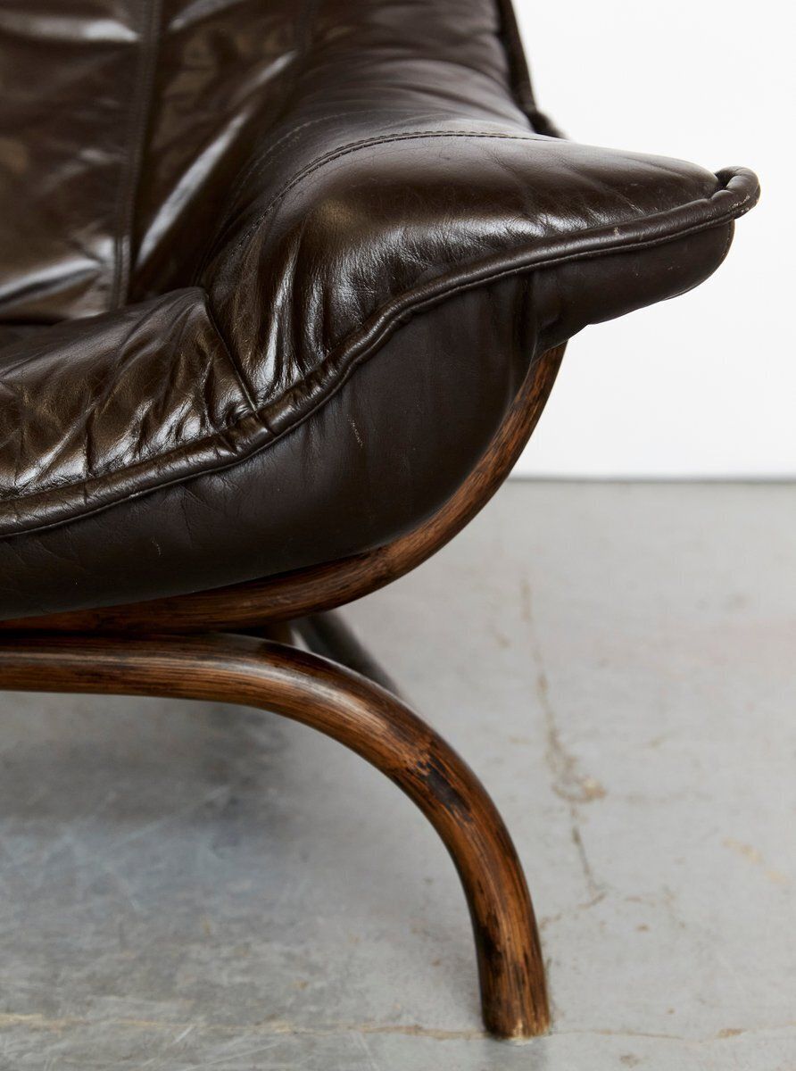 photo vintage Set Of Bamboo And Leather Lounge Chair And Ottoman, 1970s