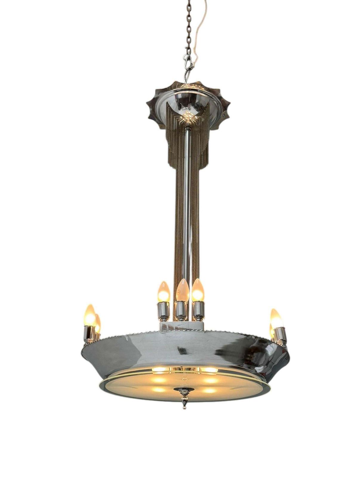 Art Deco Chandelier, Chrome & Glass, Dutch Design, 1930s photo vintage