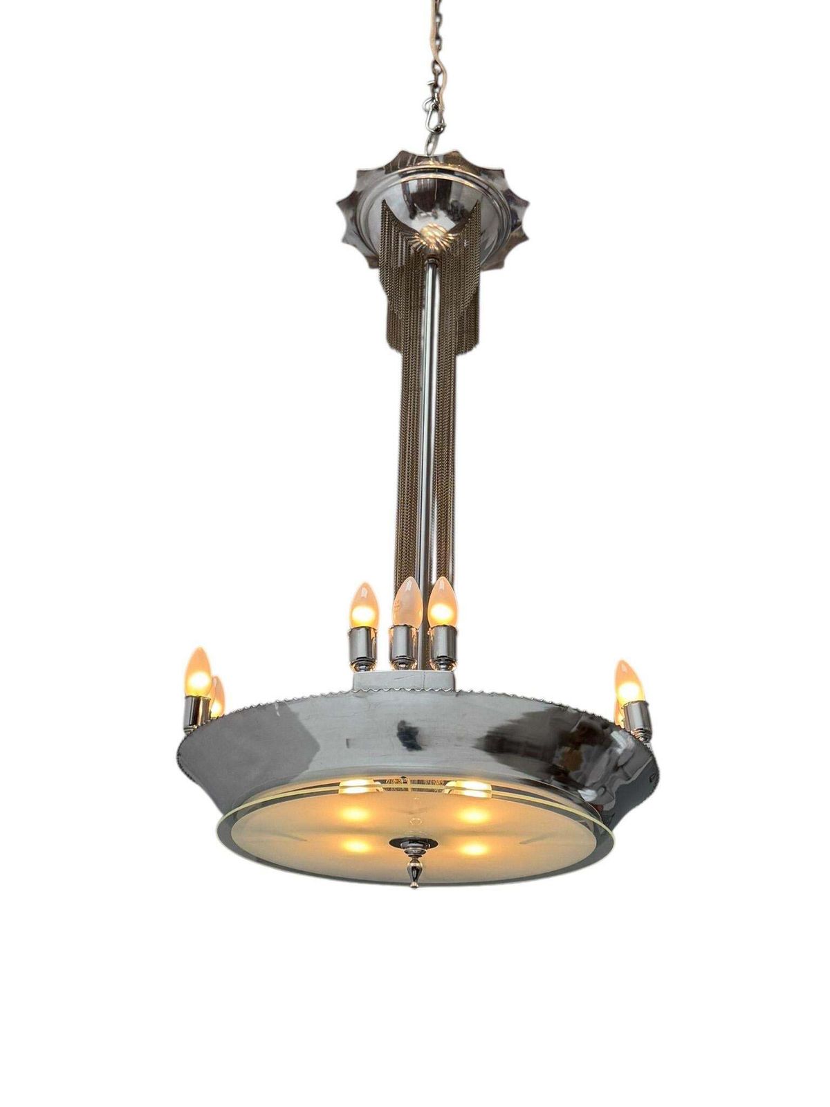 photo furniture Art Deco Chandelier, Chrome & Glass, Dutch Design, 1930s