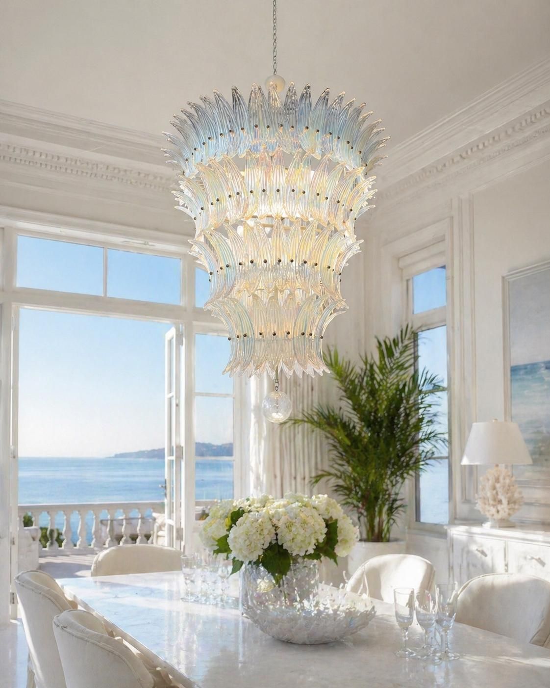 Amazing Italian Opaline Palmette Leaves Chandelier, Murano, 1980 photo furniture