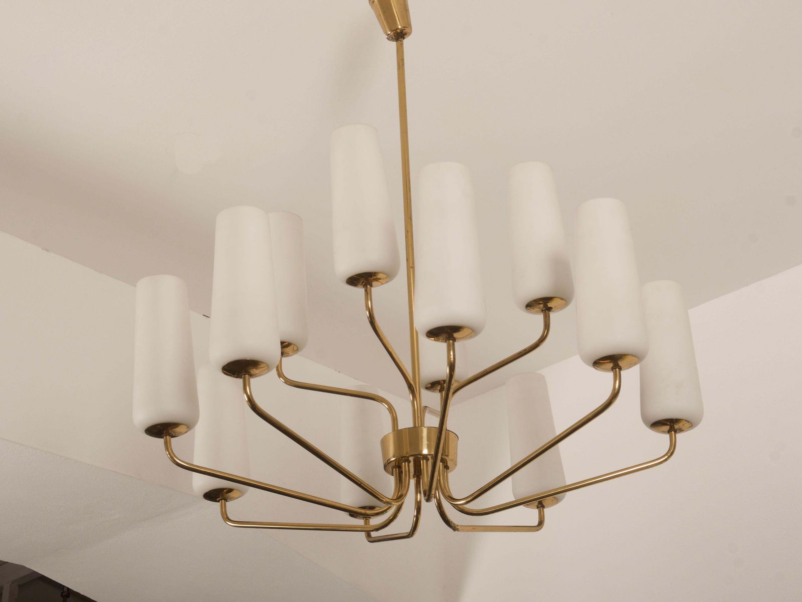 photo buy Huge Midcentury Rare Brass Opaline Glass Chandelier By Rupert Nikoll