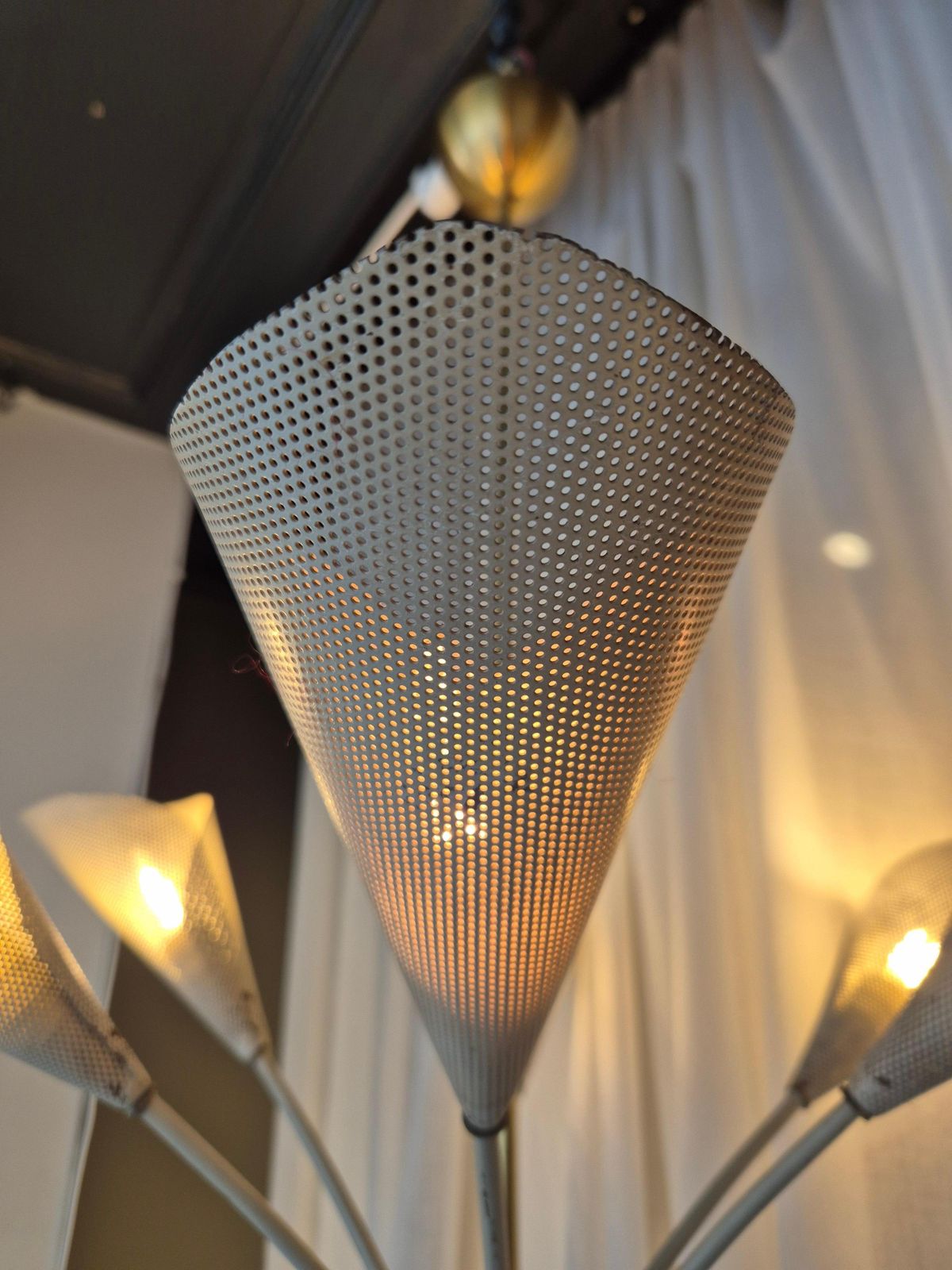 Elegant Chandelier With Six Arms, Shades In Perforated Metal, Midcentury Modern photo buy