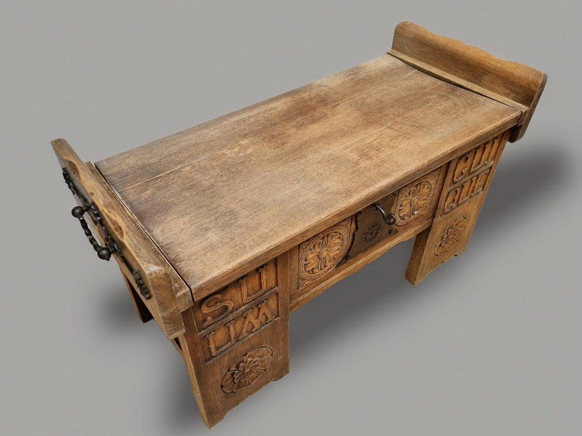 Vintage Brutalist Oak Chest Bench With Black Iron Hardware, 1960s photo furniture