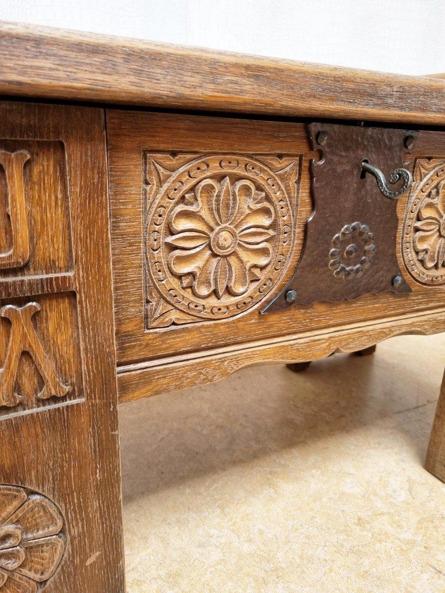 Vintage Brutalist Oak Chest Bench With Black Iron Hardware, 1960s photo for sale