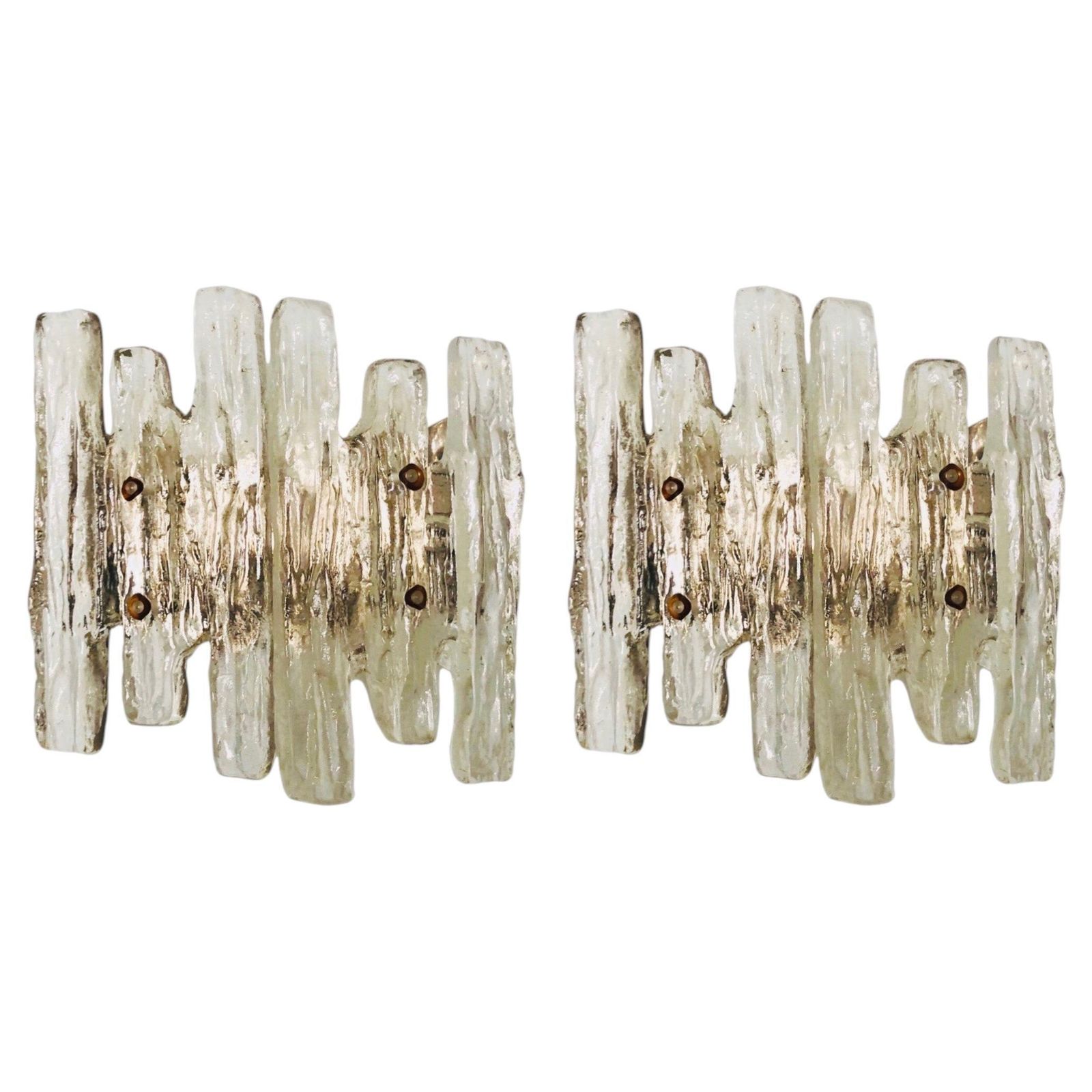Pair Of Midcentury Austrian Ice Glass "Puck" Wall Sconces By Kalmar, 1970s