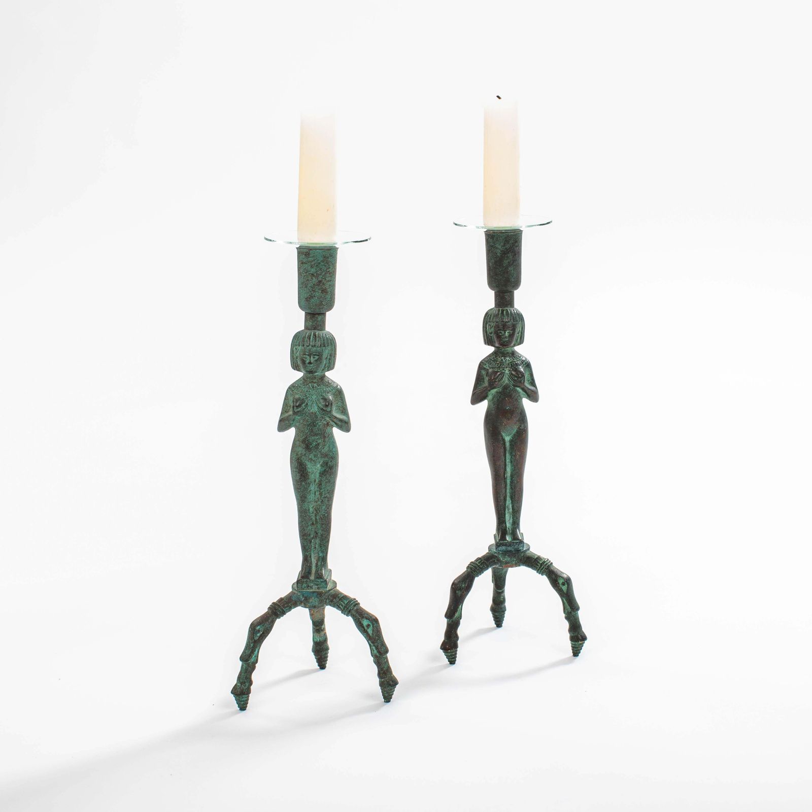 Egyptian Inspired Figurative French Art Déco Bronze Candlesticks 1930s photo for sale