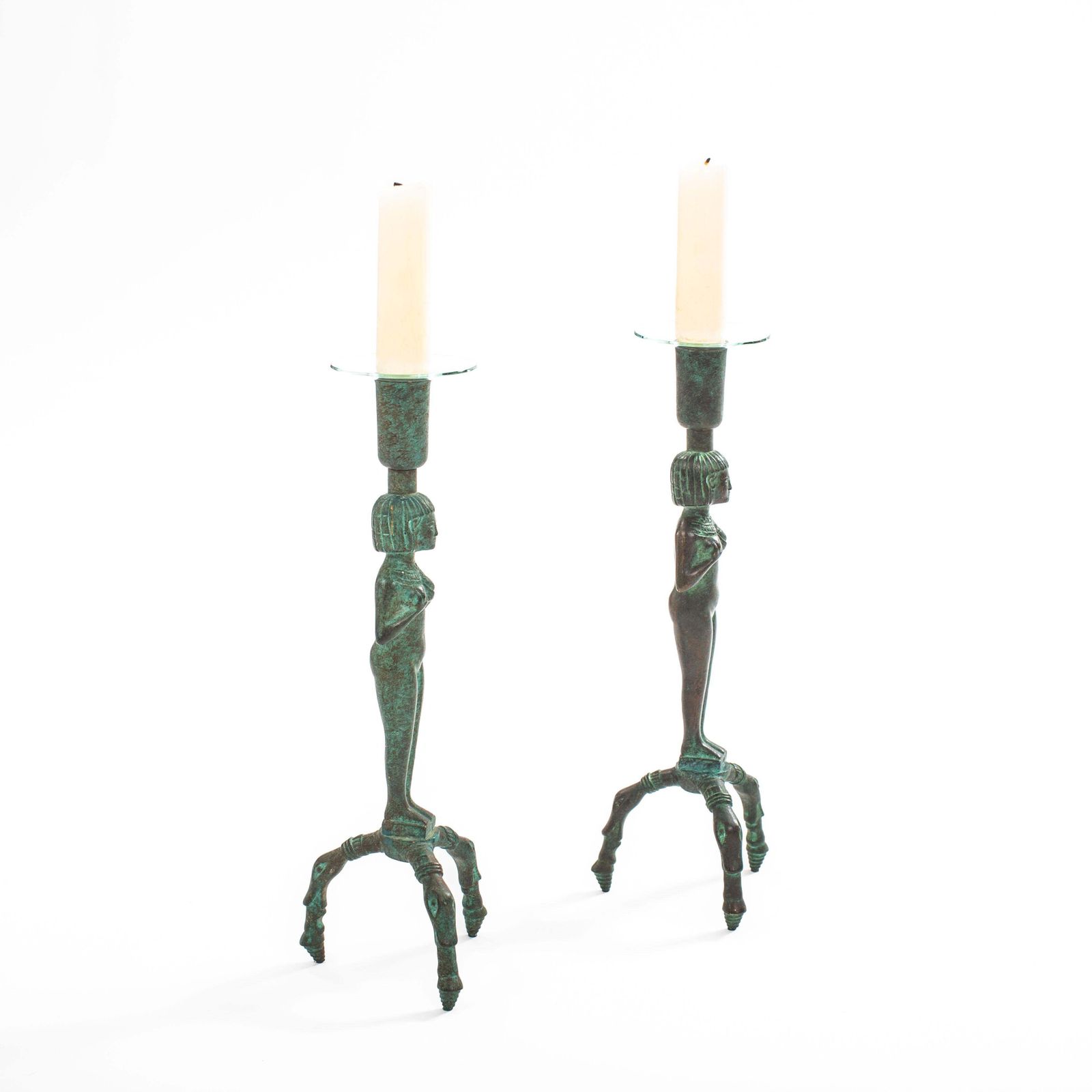 Home Decor Egyptian Inspired Figurative French Art Déco Bronze Candlesticks 1930s photo