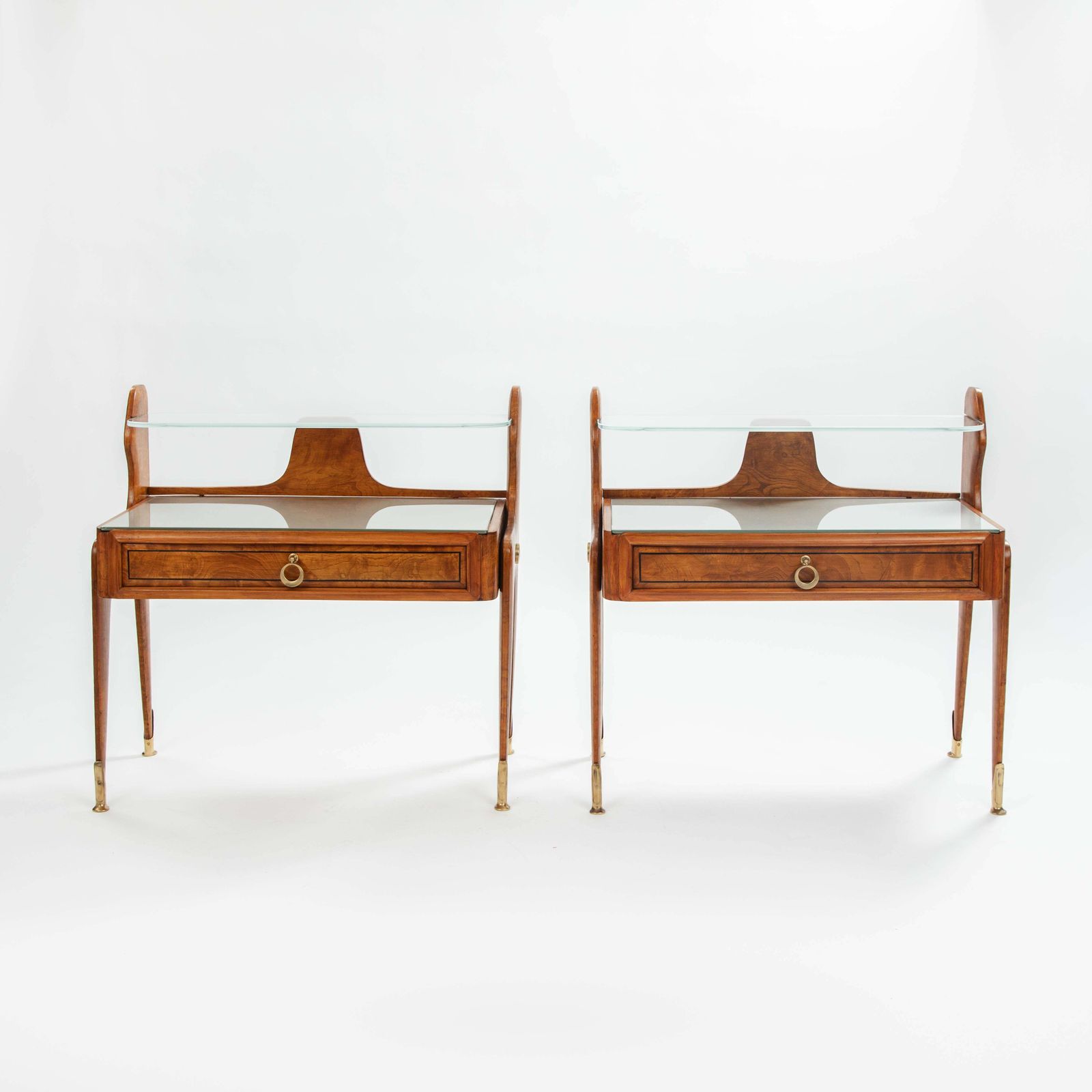 Pair Of Italian Mid Century Light Footed Bed Side Tables Elm Glass Brass 1950s photo vinterior