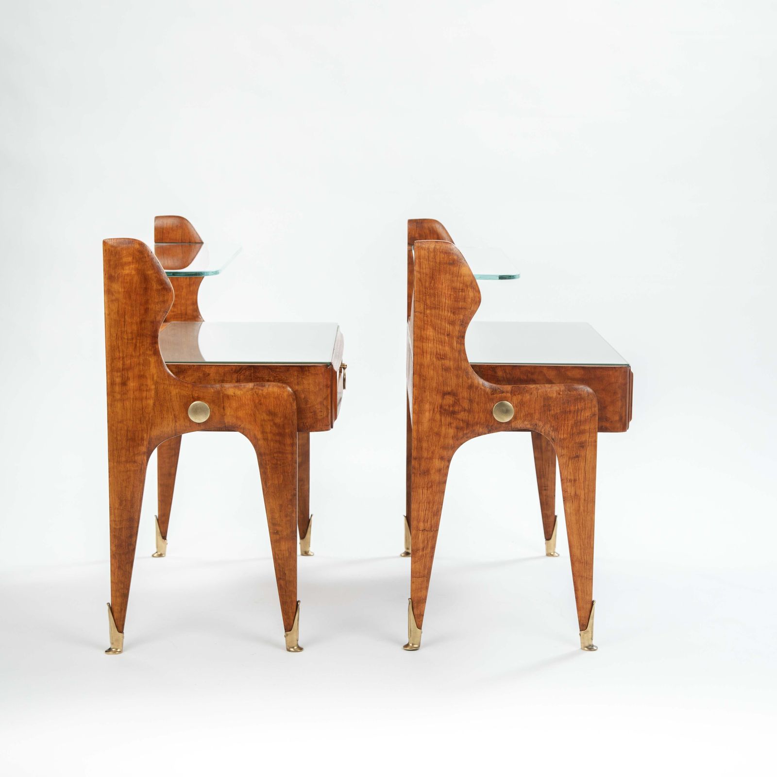 photo for sale Pair Of Italian Mid Century Light Footed Bed Side Tables Elm Glass Brass 1950s