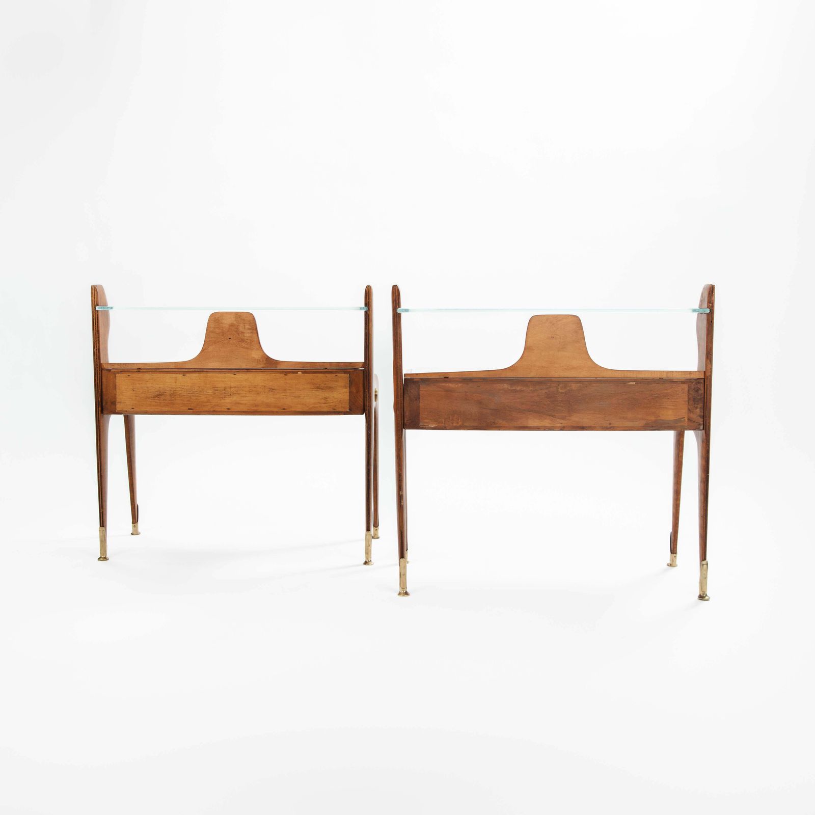 4213.0 Pair Of Italian Mid Century Light Footed Bed Side Tables Elm Glass Brass 1950s photo