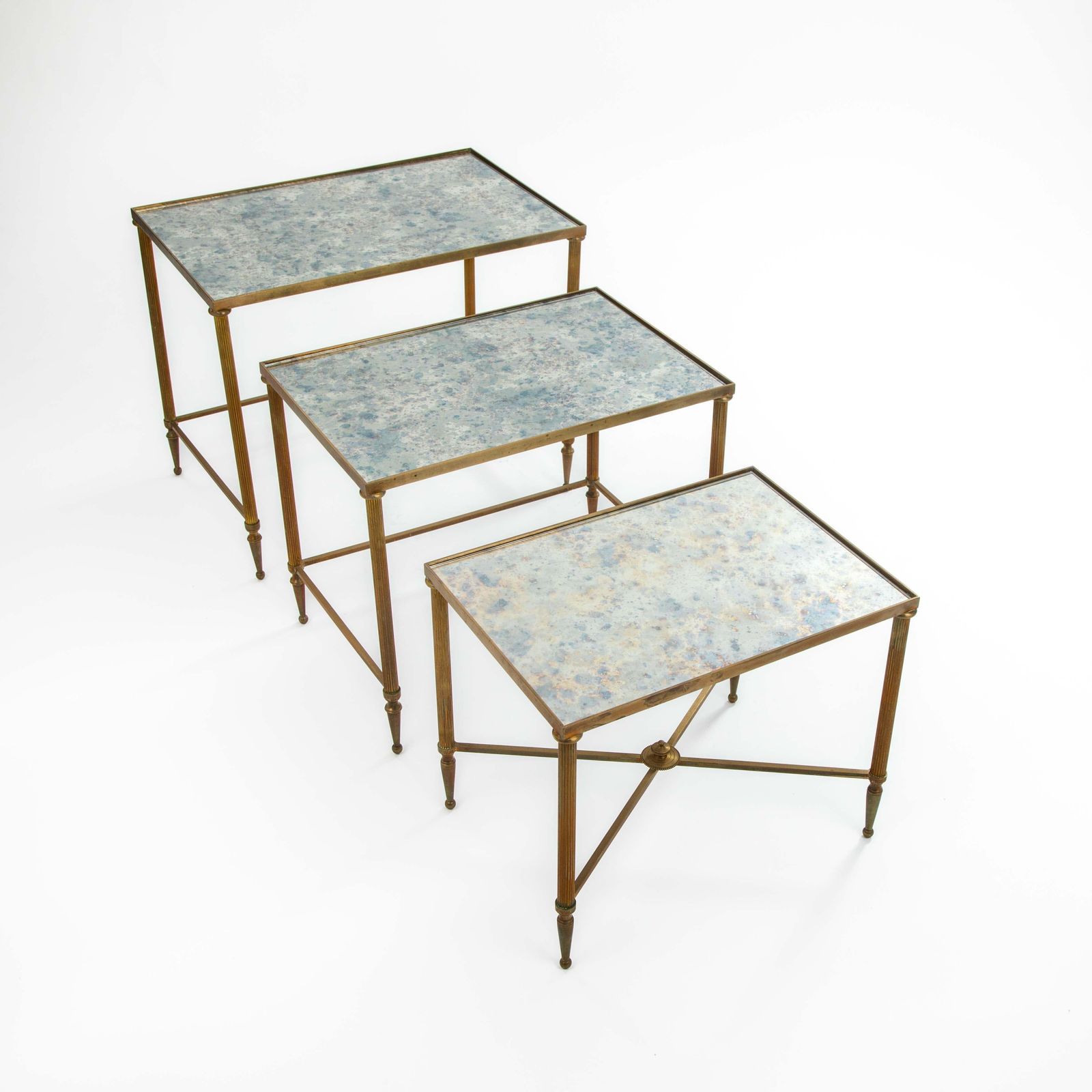 Set Of French Mid Centruy Neoclassical Brass And Mirrored Glass Nessting Tables photo furniture