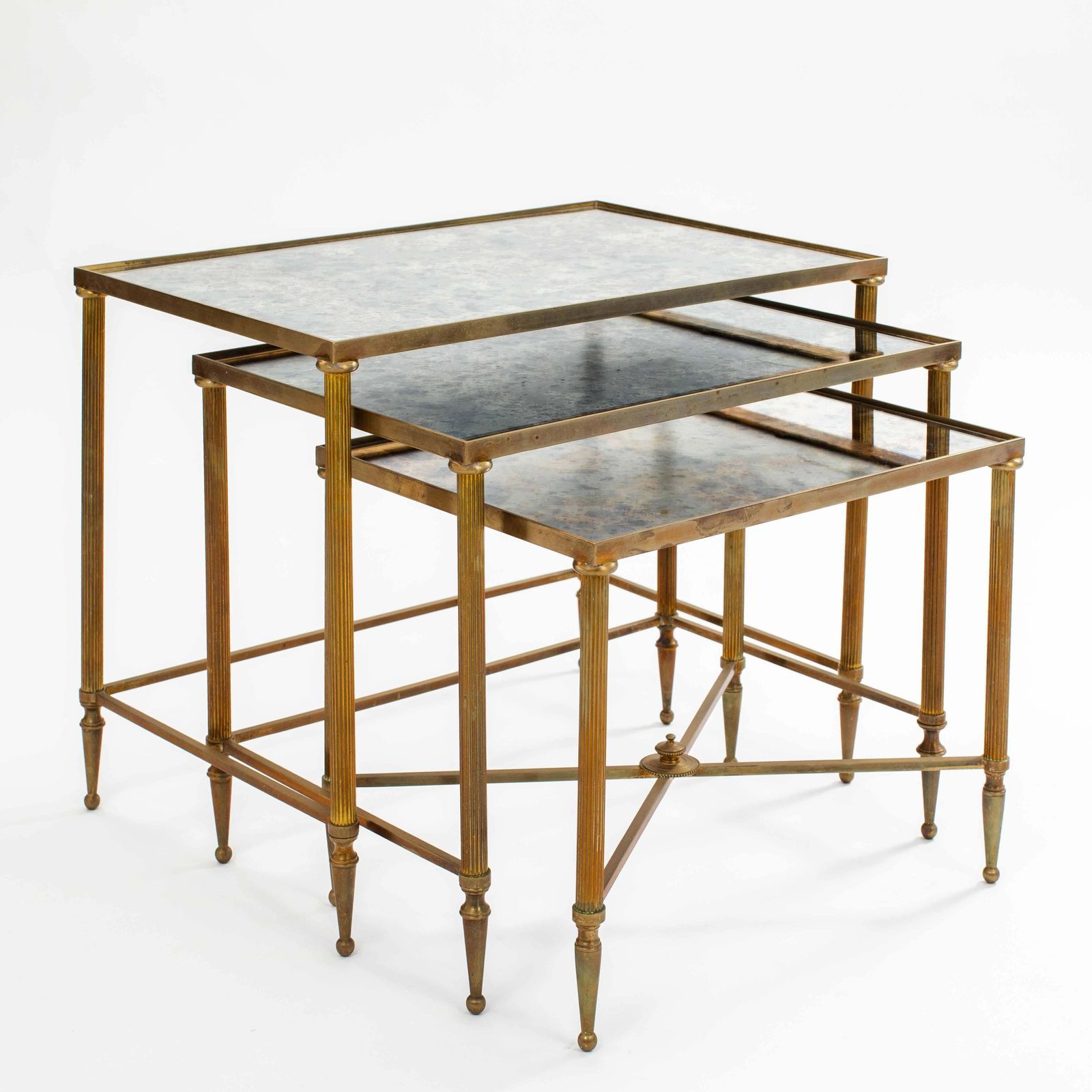Set Of French Mid Centruy Neoclassical Brass And Mirrored Glass Nessting Tables photo 2437.0