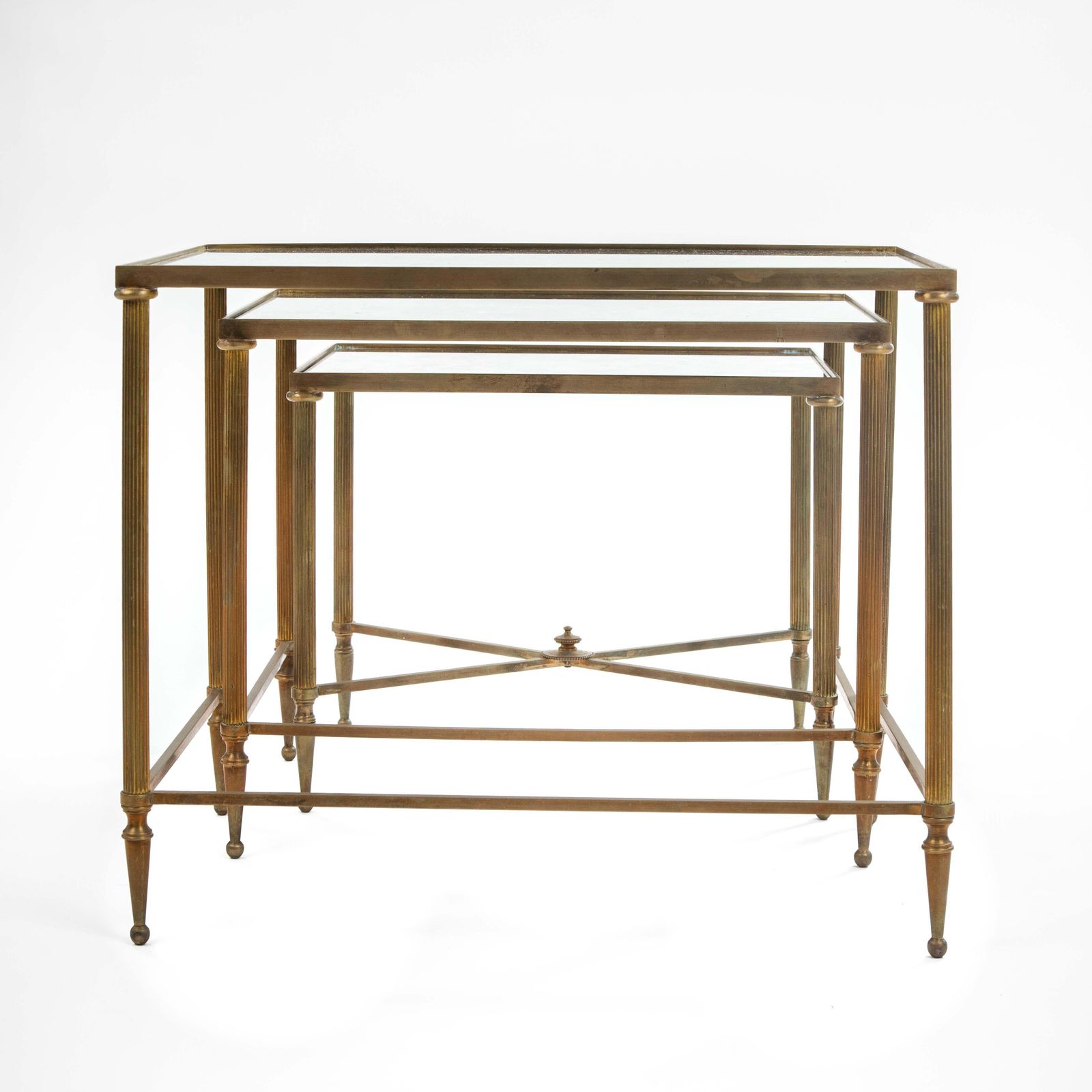 Furniture Set Of French Mid Centruy Neoclassical Brass And Mirrored Glass Nessting Tables photo