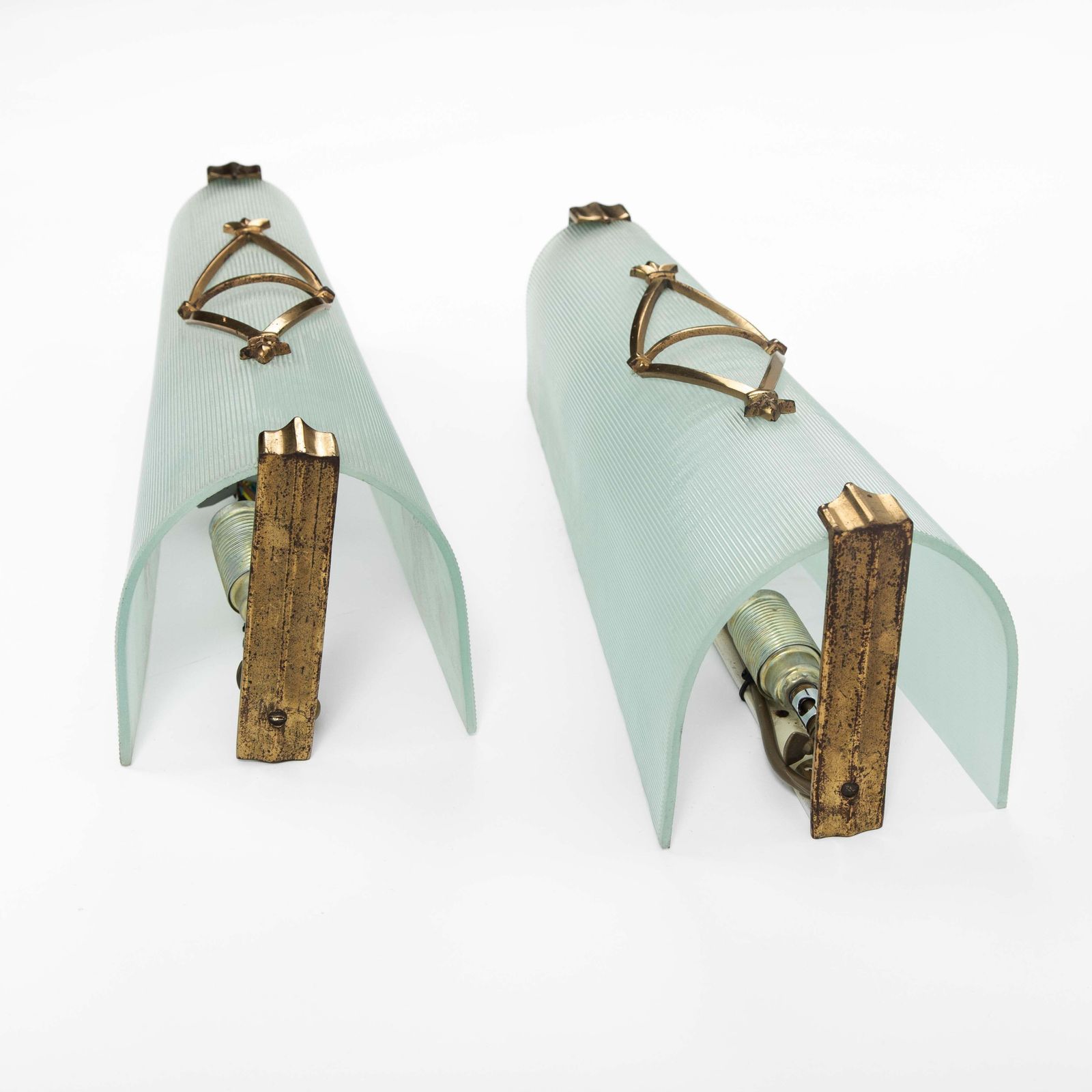 Pair Of French Art Déco Satin Glass Wall Sconces By Atelier Petitot, Paris 1930s photo vintage