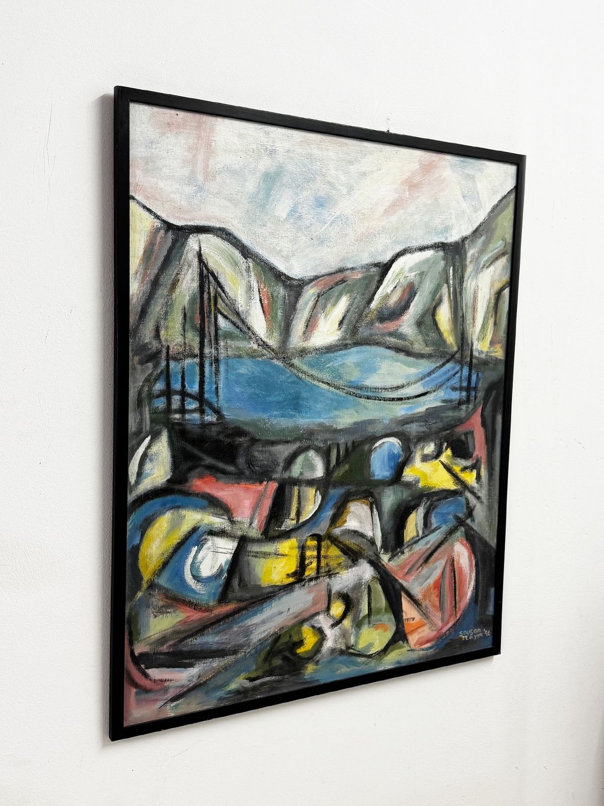 Large Signed 1996 Modernist Abstract Landscape Painting By Sousan Itayim photo furniture