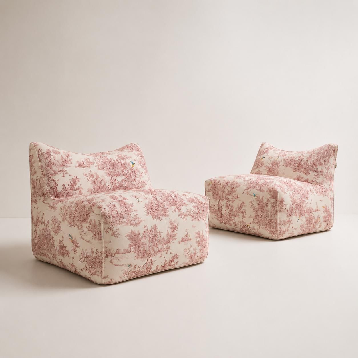 Pair Of Iconic Bambola Armchairs By Mario Bellini, Pink Toile De Jouy Fabric photo Furniture