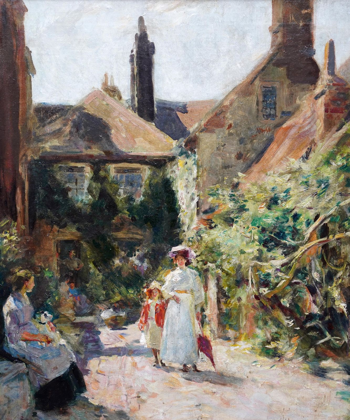 7634.0 Figures Outside House   British Edwardian Impressionist Figurative Oil Painting photo