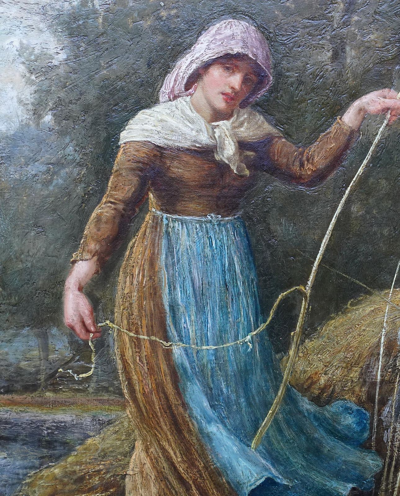 Portrait Of Two Girls Stripping The Willow   Scottish Victorian Art Oil Painting photo 7125.0
