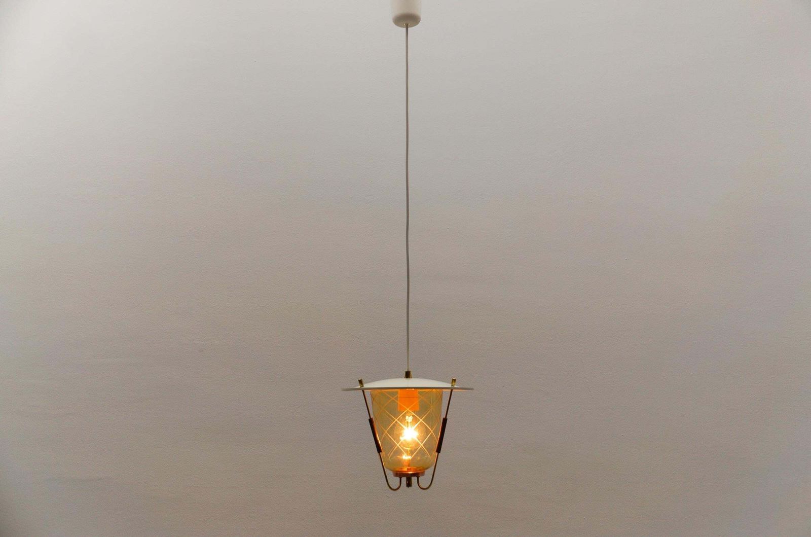 Lovely Mid Century Modern Ceiling Lamp In Copper, Brass And Glass, 1950s photo vinterior