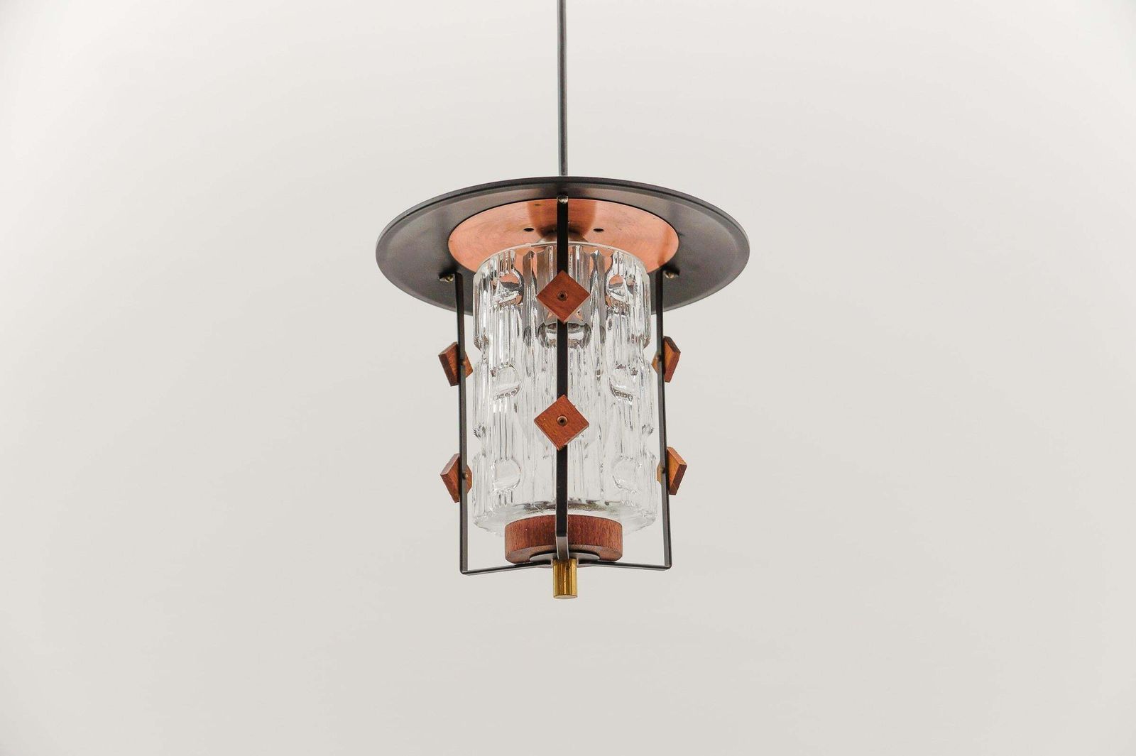Scandinavian Mid Century Modern Ceiling Lamp In Copper, Teak And Glass, 1960s photo vinterior