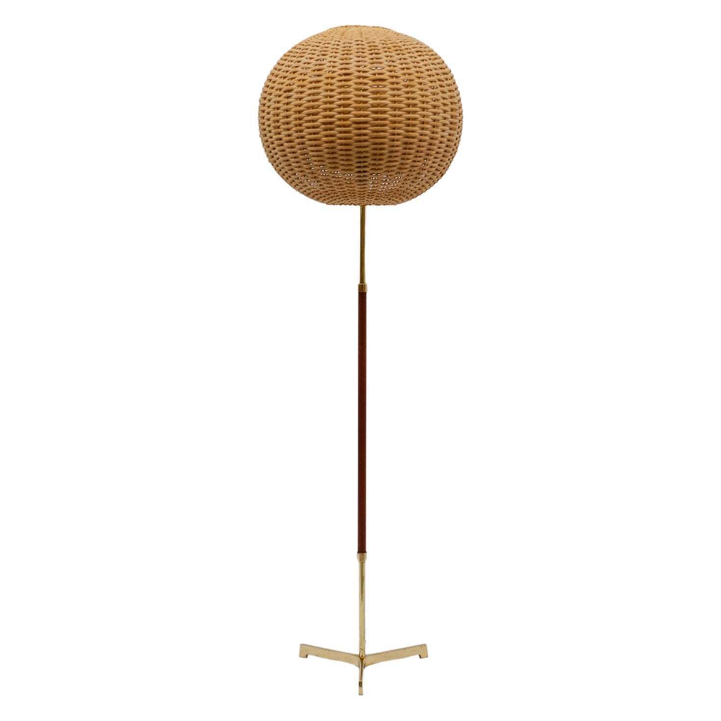 Mid Century Modern Floor Lamp In Brass And Teak From Temde, 1960s Switzerland