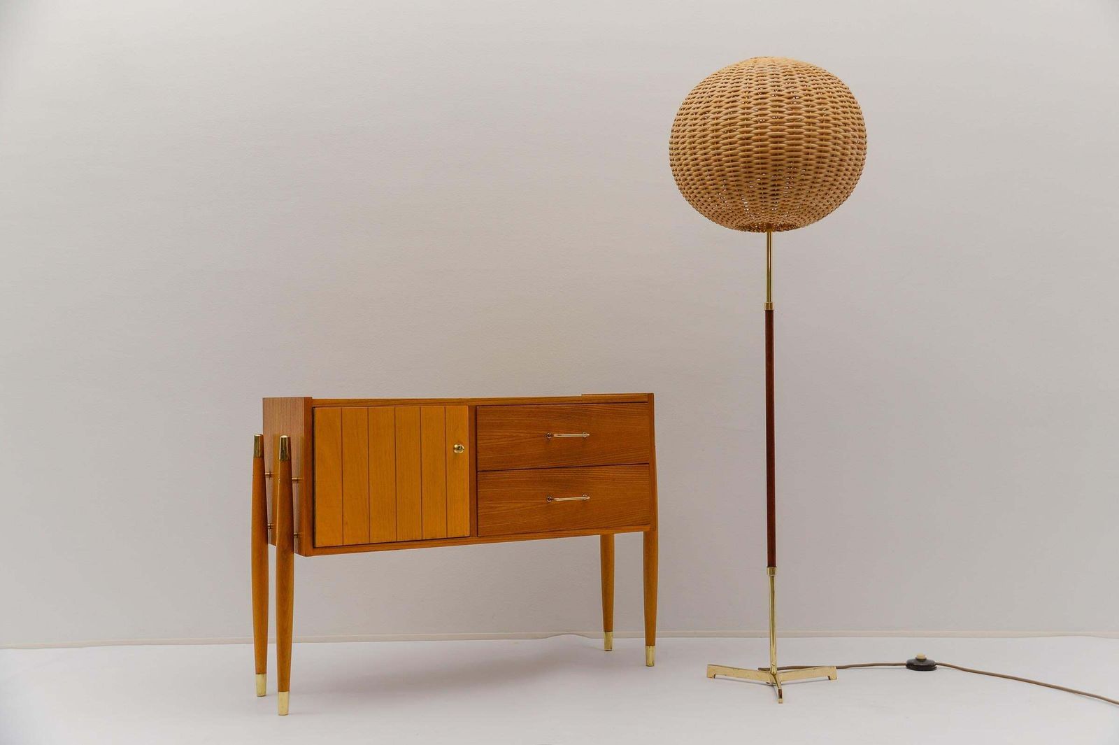 Mid Century Modern Floor Lamp In Brass And Teak From Temde, 1960s Switzerland photo vinterior