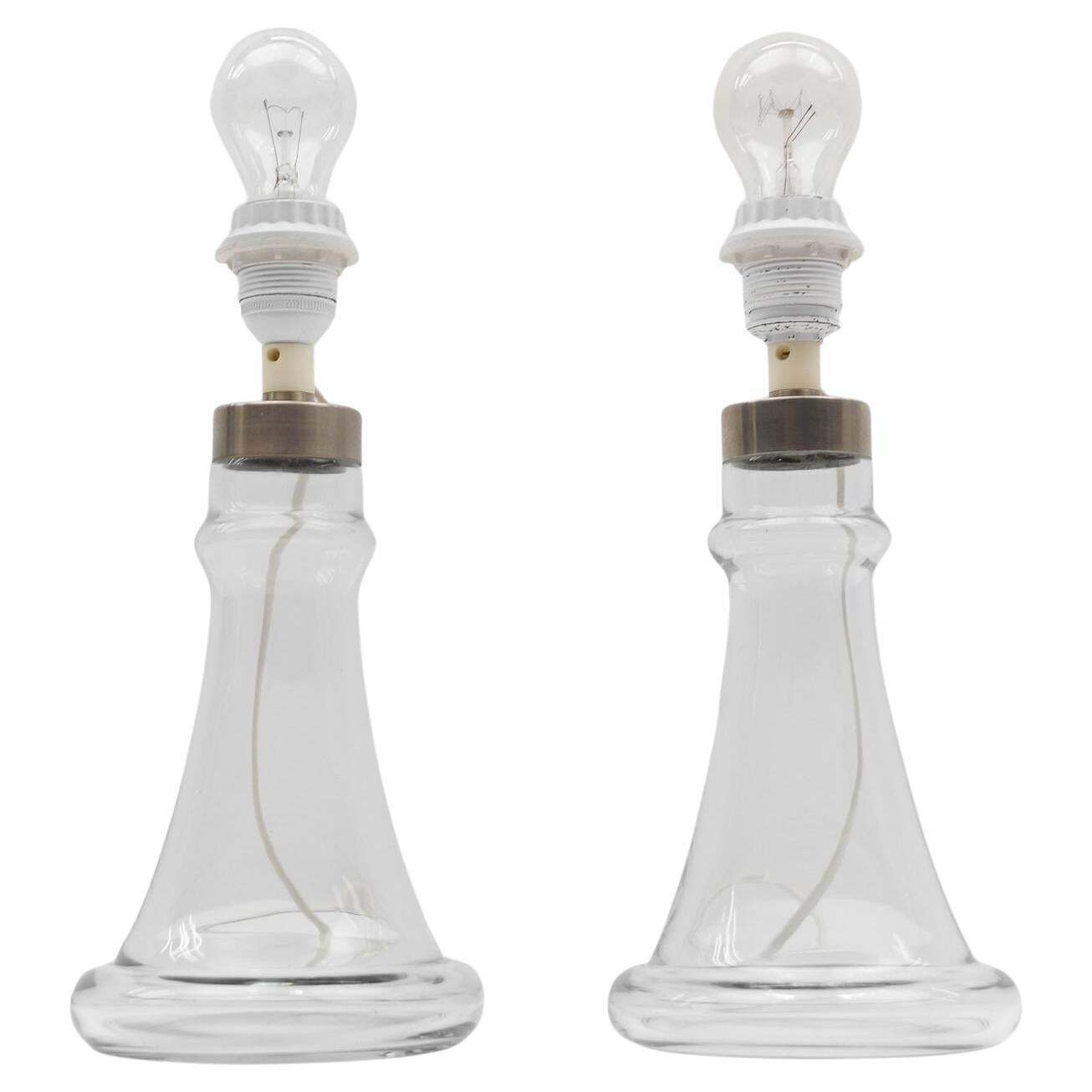 Pair Danish Table Lamps In Clear Glass By Michael Bang For Holmegaard, 1960s