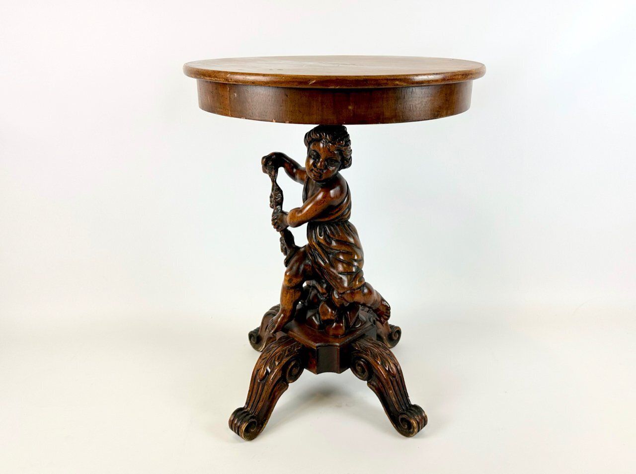 Antique Wooden Carved Cherub Bacchus Side Table, 1890s photo vintage