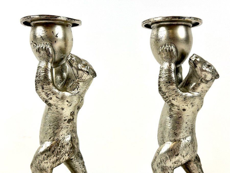 Antique Silver Plated Standing Bear Candleholders From Wmf, 1907, Set Of 2 photo 501.0