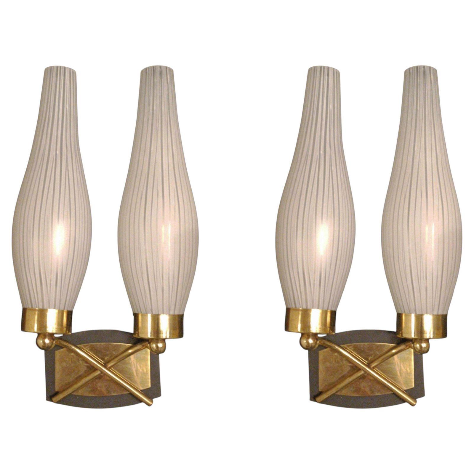Pair Of Brass And Vertro Opaline Ribbed Wall Lamps, Italy 1950s